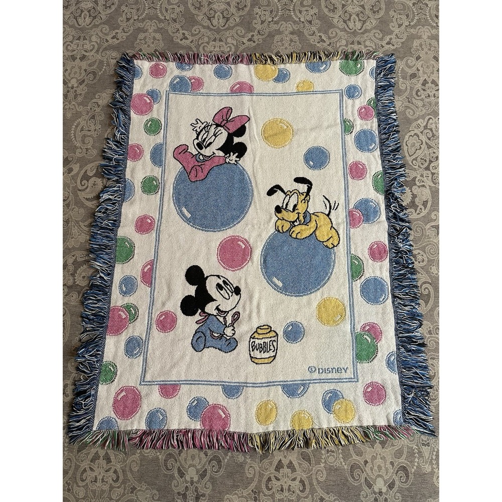 Vintage Disney Babies Tapestry Throw Blanket Mickey Minnie Pluto 44x32 Colorful - Picture 1 of 9